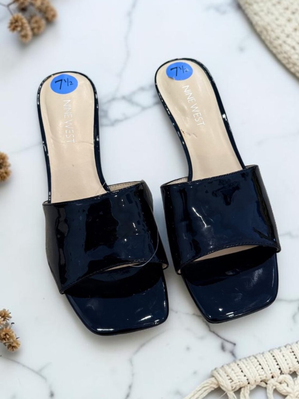 Nine West NWT WNDATIE Square Toe Black Patent Kitten Heel Mules Women's Size 7.5 - Picture 2 of 10
